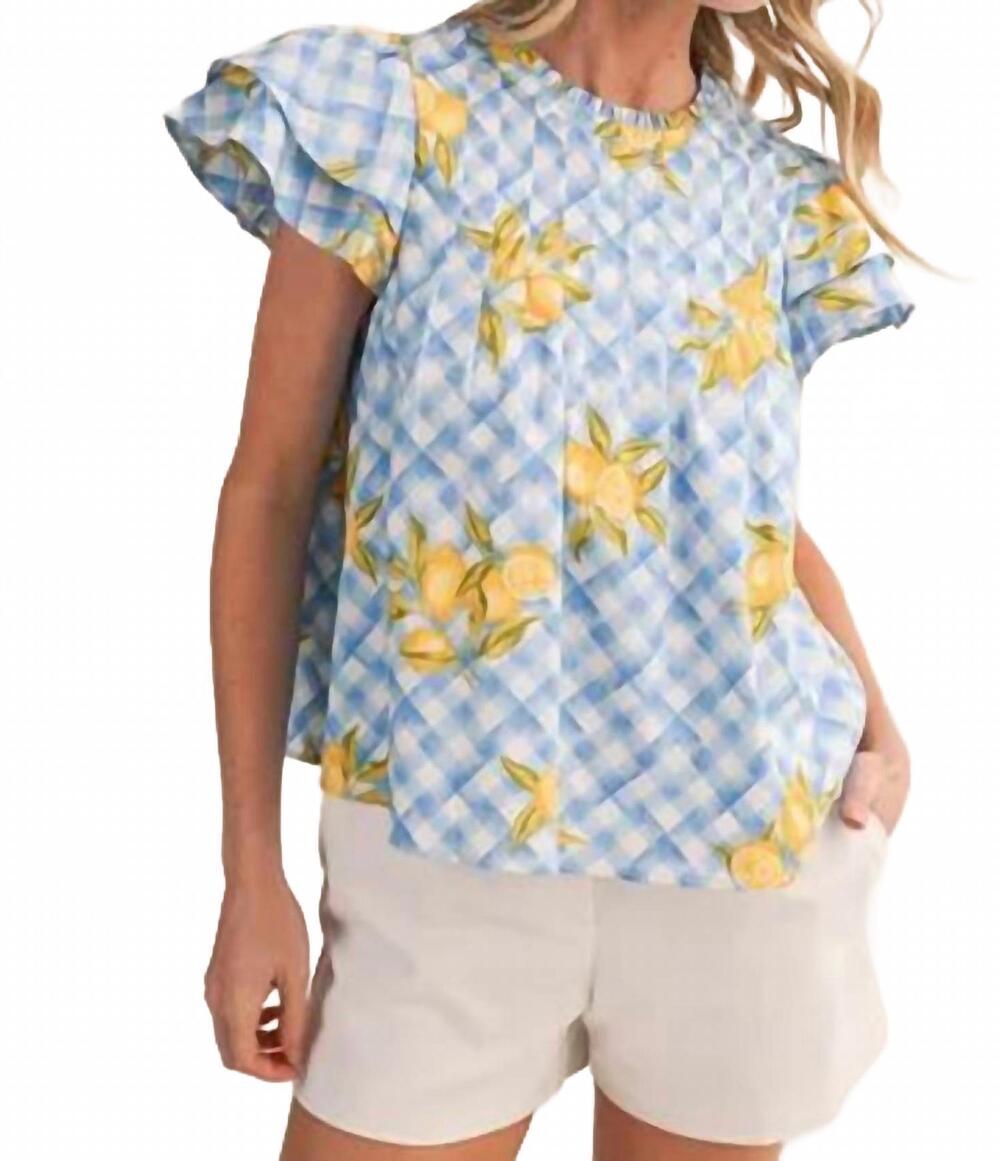 NEW &MERCI lemon twist gingham top in blue